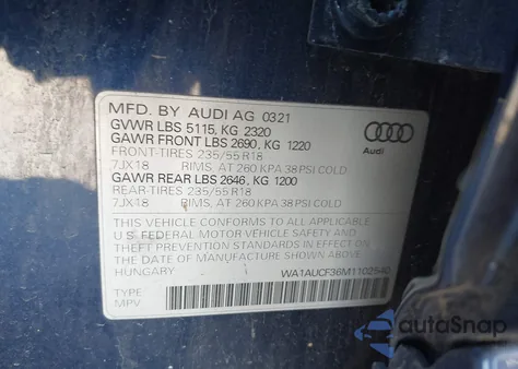 2021 Audi Q3 Premium 40 Tfsi Quattro Tiptronic из США, поврежденный, VIN WA1AUCF36M1102540